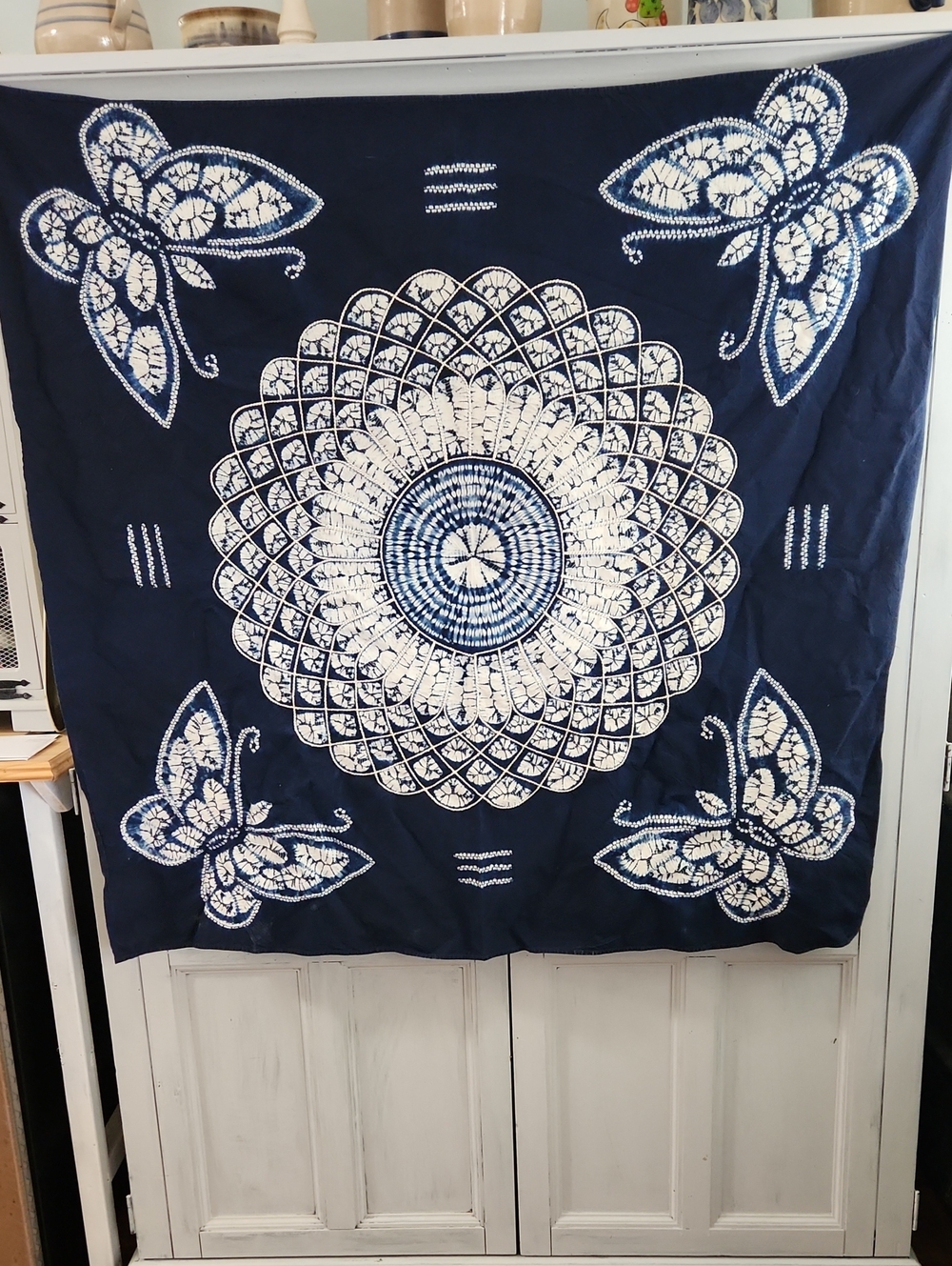 Shibori Tie Dyed Indigo Butterfly Mandala Wall Tapestry - Navy Blue and White